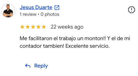 Reseña de 5 estrellas de Jesus Duarte: Me facilitaron el trabajo un montón, y el de mi contador también. Excelente servicio.