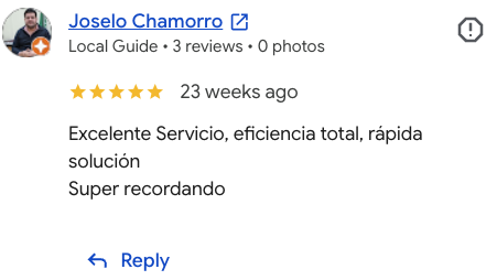 Reseña de 5 estrellas de Joselo Chamorro: Excelente servicio, eficiencia total, rápida solución.