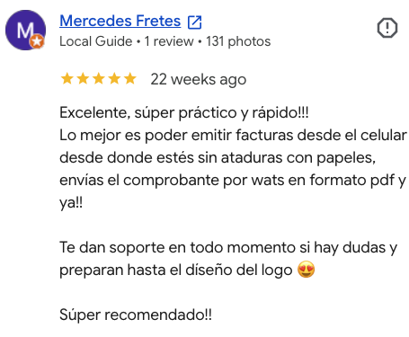 Reseña de 5 estrellas de Mercedes Fretes: Excelente, súper práctico y rápido. Lo mejor es poder emitir facturas desde el celular donde estés, sin ataduras con papeles, y enviar el comprobante por WhatsApp en PDF.